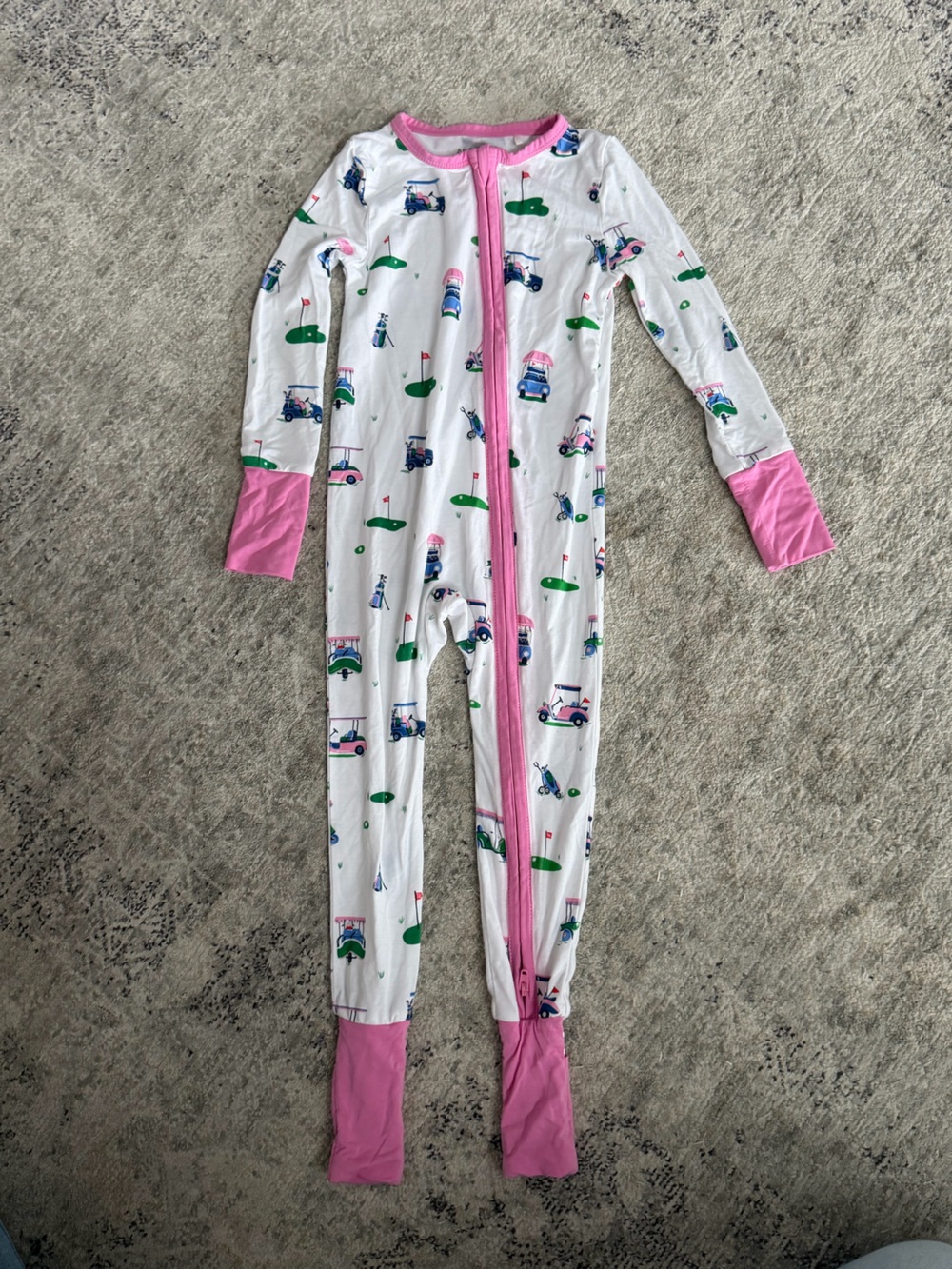 Angel Dear White Footed One-Piece with Pink Trim and Golf Cart Print